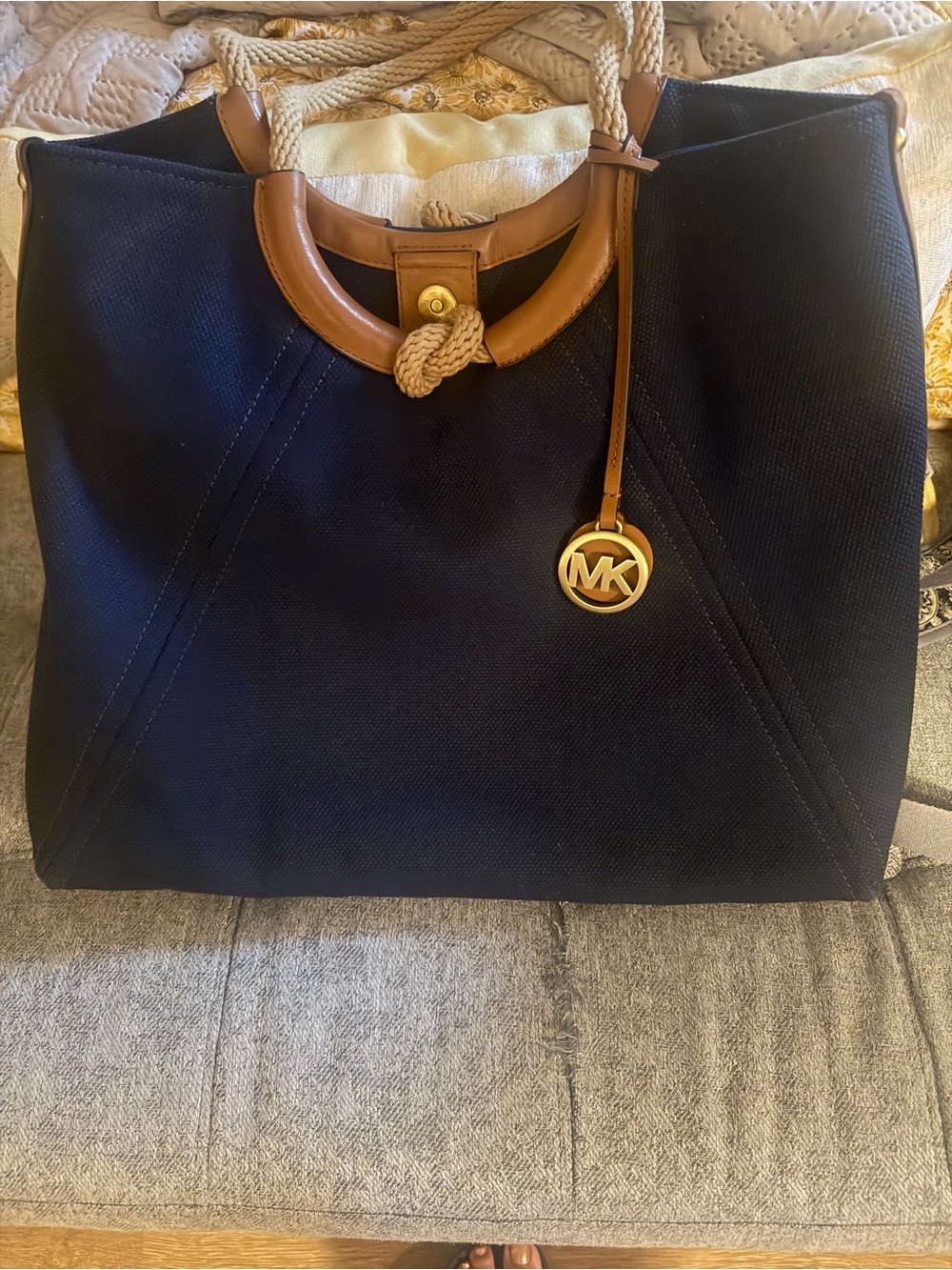 Michael Kors Navy Tote with Tan Leather Trim and Gold Logo